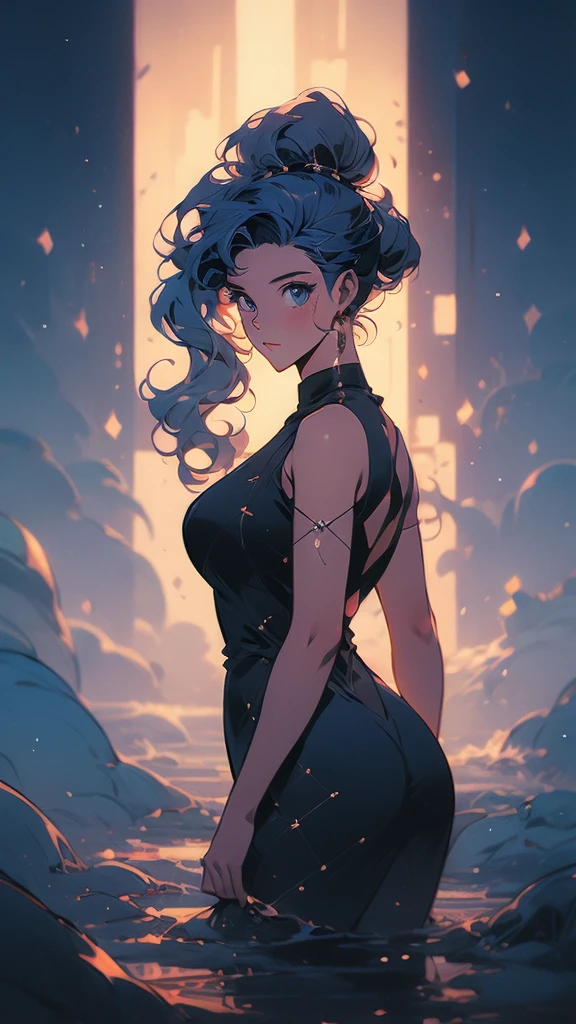 a girl with long hair and a black dress stands in front of a blue light, concept art by Ross Tran, Artstation, conceptual art, :: rossdraws, anime girl with cosmic hair, beautiful anime art style, loish |, jen bartel, loish art style, ross tran style, artgerm and atey ghailan
