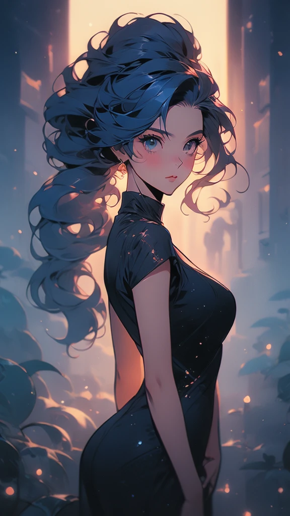 a girl with long hair and a black dress stands in front of a blue light, concept art by Ross Tran, Artstation, conceptual art, :: rossdraws, anime girl with cosmic hair, beautiful anime art style, loish |, jen bartel, loish art style, ross tran style, artgerm and atey ghailan