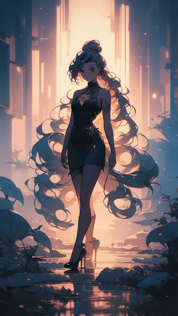 a girl with long hair and a black dress stands in front of a blue light, concept art by Ross Tran, Artstation, conceptual art, :: rossdraws, anime girl with cosmic hair, beautiful anime art style, loish |, jen bartel, loish art style, ross tran style, artgerm and atey ghailan