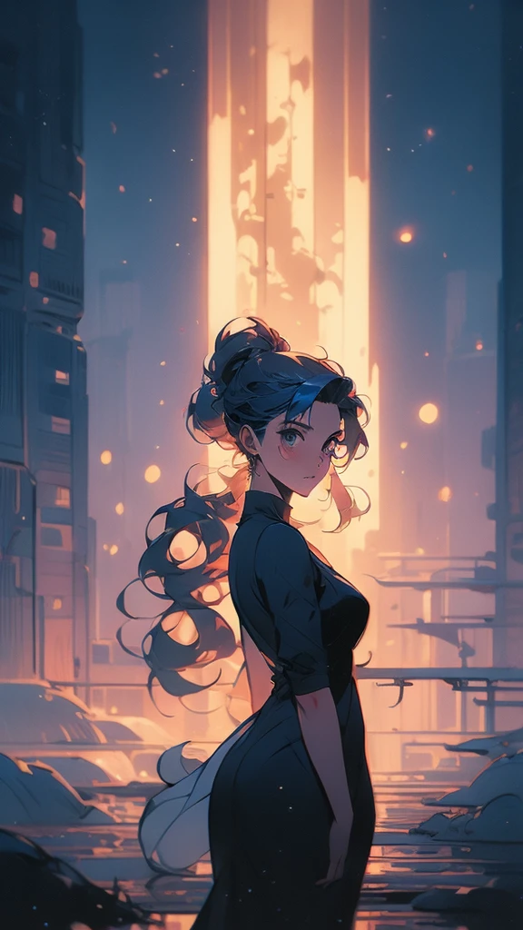a girl with long hair and a black dress stands in front of a blue light, concept art by Ross Tran, Artstation, conceptual art, :: rossdraws, anime girl with cosmic hair, beautiful anime art style, loish |, jen bartel, loish art style, ross tran style, artgerm and atey ghailan