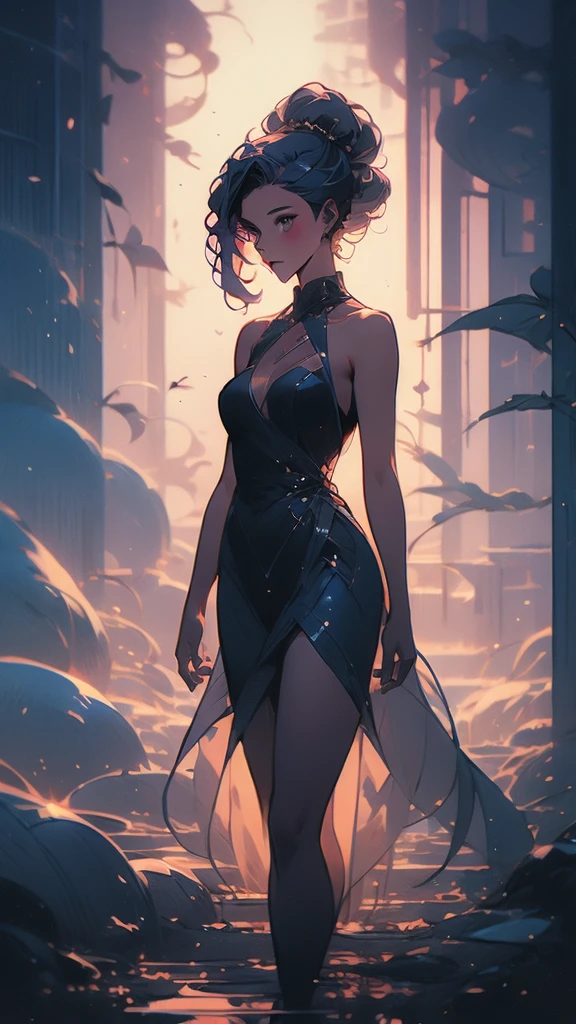 a girl with long hair and a black dress stands in front of a blue light, concept art by Ross Tran, Artstation, conceptual art, :: rossdraws, anime girl with cosmic hair, beautiful anime art style, loish |, jen bartel, loish art style, ross tran style, artgerm and atey ghailan