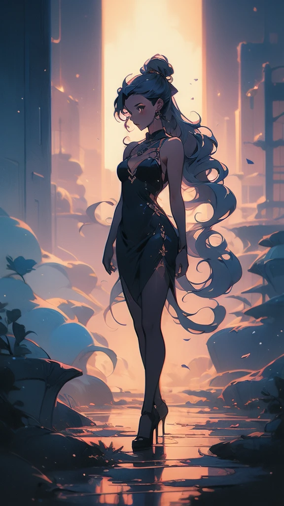 a girl with long hair and a black dress stands in front of a blue light, concept art by Ross Tran, Artstation, conceptual art, :: rossdraws, anime girl with cosmic hair, beautiful anime art style, loish |, jen bartel, loish art style, ross tran style, artgerm and atey ghailan