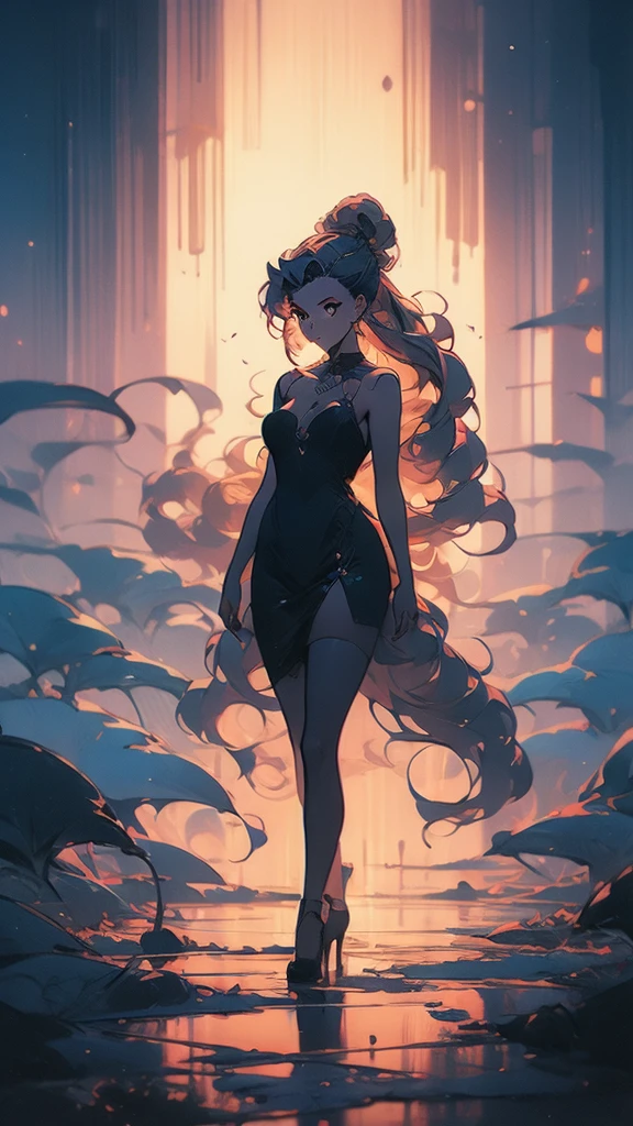 a girl with long hair and a black dress stands in front of a blue light, concept art by Ross Tran, Artstation, conceptual art, :: rossdraws, anime girl with cosmic hair, beautiful anime art style, loish |, jen bartel, loish art style, ross tran style, artgerm and atey ghailan
