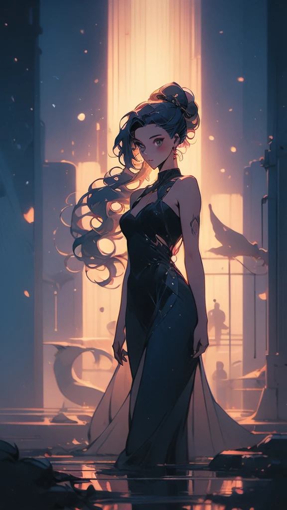 a girl with long hair and a black dress stands in front of a blue light, concept art by Ross Tran, Artstation, conceptual art, :: rossdraws, anime girl with cosmic hair, beautiful anime art style, loish |, jen bartel, loish art style, ross tran style, artgerm and atey ghailan
