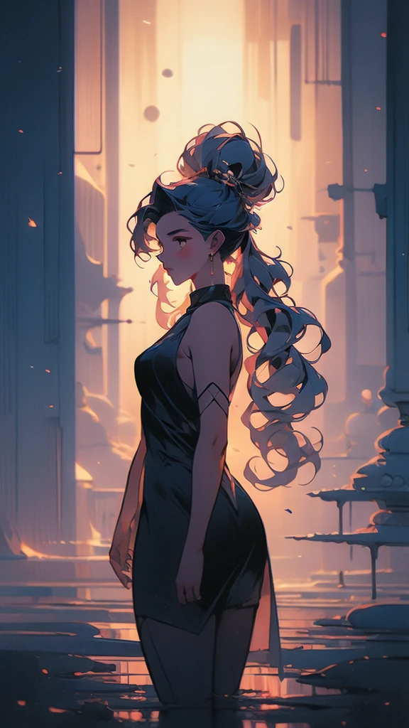 a girl with long hair and a black dress stands in front of a blue light, concept art by Ross Tran, Artstation, conceptual art, :: rossdraws, anime girl with cosmic hair, beautiful anime art style, loish |, jen bartel, loish art style, ross tran style, artgerm and atey ghailan