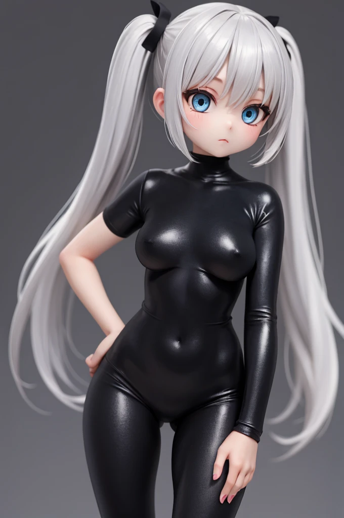 ,(Simple Background), woman alone, View your viewers,  Silver Hair,(gigantic breasts), blue eyes, Very long twin tails, Very long hair,black zentai,,Small Ass,skinny,Thin legs