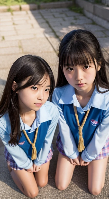 Two beautiful Japanese junior high school girls, neat, serious, honor students, completely naked, with a loving look on their faces, like pet pets, kneel together, legs spread, arms above their heads. Raised, small-breasted, flat-chested, flat-chested, tied with hemp rope, hands looking up at the man standing, tied with a collar and led like a pet. downward angle, staring with mouth closed