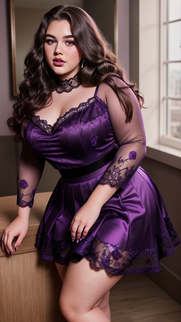A lovely plus-size girl poses in a luxurious purple lace dress with a high neckline and flowing skirt. Her hair is styled in glamorous waves, and she wears elegant makeup with deep eyeshadow and glossy lips. The image captures her detailed features and radiant beauty in 8K resolution.