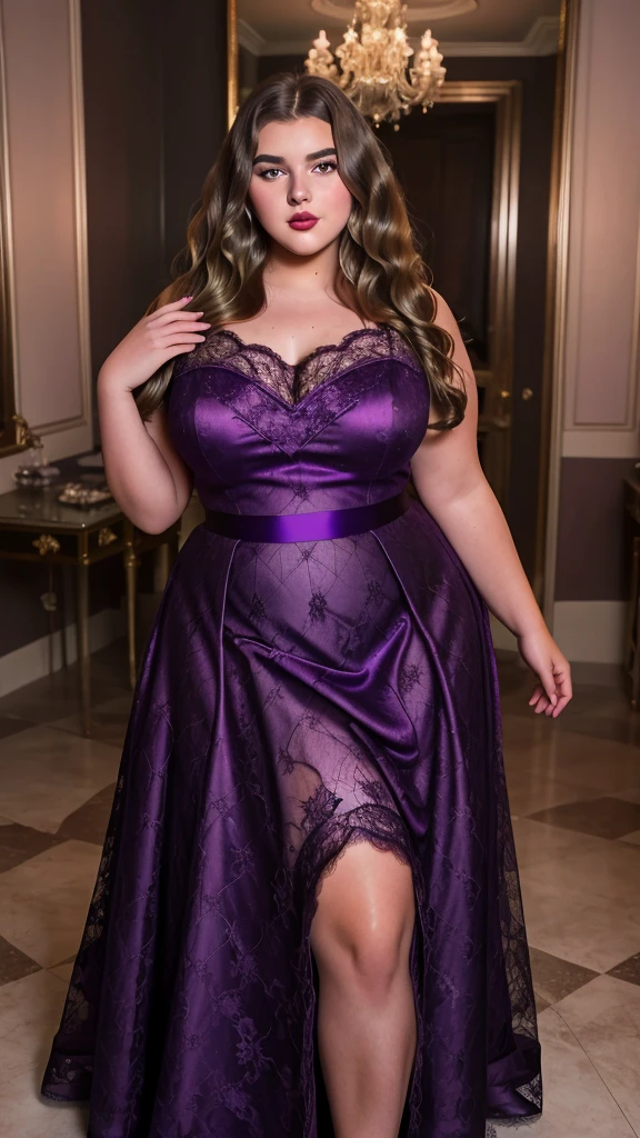 A lovely plus-size girl poses in a luxurious purple lace dress with a high neckline and flowing skirt. Her hair is styled in glamorous waves, and she wears elegant makeup with deep eyeshadow and glossy lips. The image captures her detailed features and radiant beauty in 8K resolution.