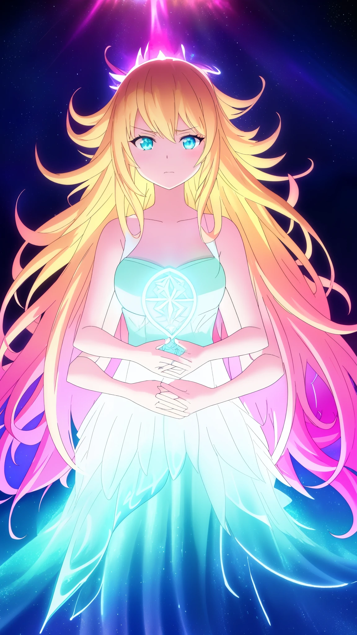 beautiful girl, puffy tiered ballgown, vibrant pastel colors,(20years old,madure female),(angry),closed mouth,white dress,cleavage,sleeveless,((glowing blonde long hair)), magical lights, sparkling magical liquid, inspired by Glen Keane, inspired by Lois van Baarle, disney art style, by Lois van Baarle, glowing aura around her, by Glen Keane, jen bartel, glowing lights! digital painting, flowing glowing hair, glowing flowing hair, beautiful digital illustration, fantasia background, whimsical, magical, fantasy, ((masterpiece, best quality)), intricate details, highly detailed, sharp focus, 8k resolution, sparkling detailed eyes, liquid watercolor,forest,night,(extra arms),(dynamic angle)