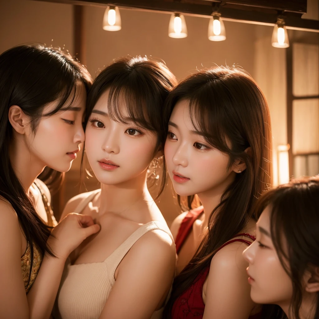 Prompt:
"Three Korean-style beautiful women singing emotionally in an intimate, warm-toned setting. The scene is warm and intimate, with slow pan and tilt shots capturing their emotive performances. The lighting is warm and soft, emphasizing their emotional expressions."