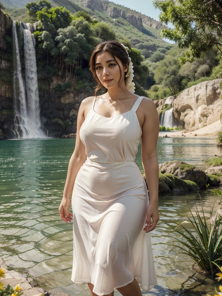 Arab dress, yellow dress, short dress (white), crocodile near the mountain, water near the grass, waterfall nearby, light green, bright flowers, red sky, wearing suit (white), lips (pink) Escasamente vestido, beautiful face Hermosa big hips shine in the sky, oval curves sonrisa seductora Retrato Gabriella Lin Rojo red-orange dress