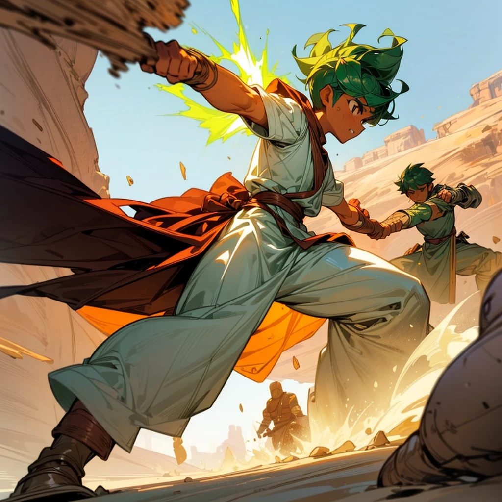 1boy, Full body version, 1character, (sand wanderer), brown eyes color, dark skin, Curly cut hairstyle, small eyes type, green colour hair, doctor ancient roman clothing style, white color clothing, dark green robe, Ancient roman boots, armor vest, sands in two hand, Grassroots background in desert, (battle, battle gesture, battle poses, view character on small, He a sand wanderer, he controls sand with his hands, he fights enemies with sand, enemies, bandits, Fighting, intense battles, fighting in desert, Dynamic Pose, Motion Blur, emphasis lines, sparks, plasma, aura)