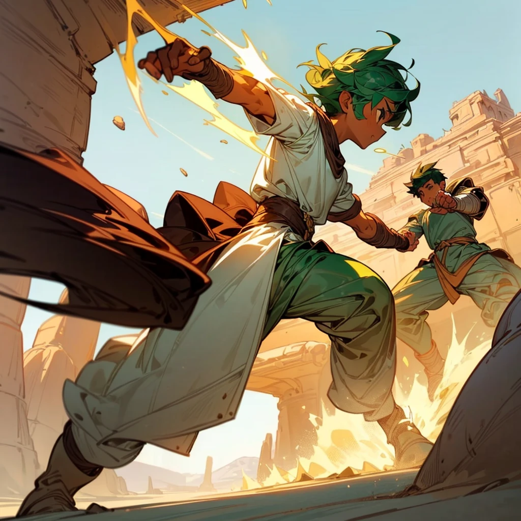 1boy, Full body version, 1character, (sand wanderer), brown eyes color, dark skin, Curly cut hairstyle, small eyes type, green colour hair, doctor ancient roman clothing style, white color clothing, dark green robe, Ancient roman boots, armor vest, sands in two hand, Grassroots background in desert, (battle, battle gesture, battle poses, view character on small, He a sand wanderer, he controls sand with his hands, he fights enemies with sand, enemies, bandits, Fighting, intense battles, fighting in desert, Dynamic Pose, Motion Blur, emphasis lines, sparks, plasma, aura)