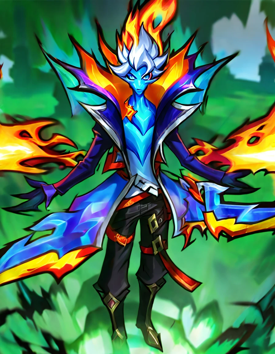 Steel Dragon Thresh Skin, better aesthetics, lolsplashart, standing alone, 1 young boy, containment, blue eyes, missiles, elsword, male focus, citys, pants, missilesduras, Ablaze, colored fur, , shoulder missilesduras, gem, Ablaze eyes, duck.