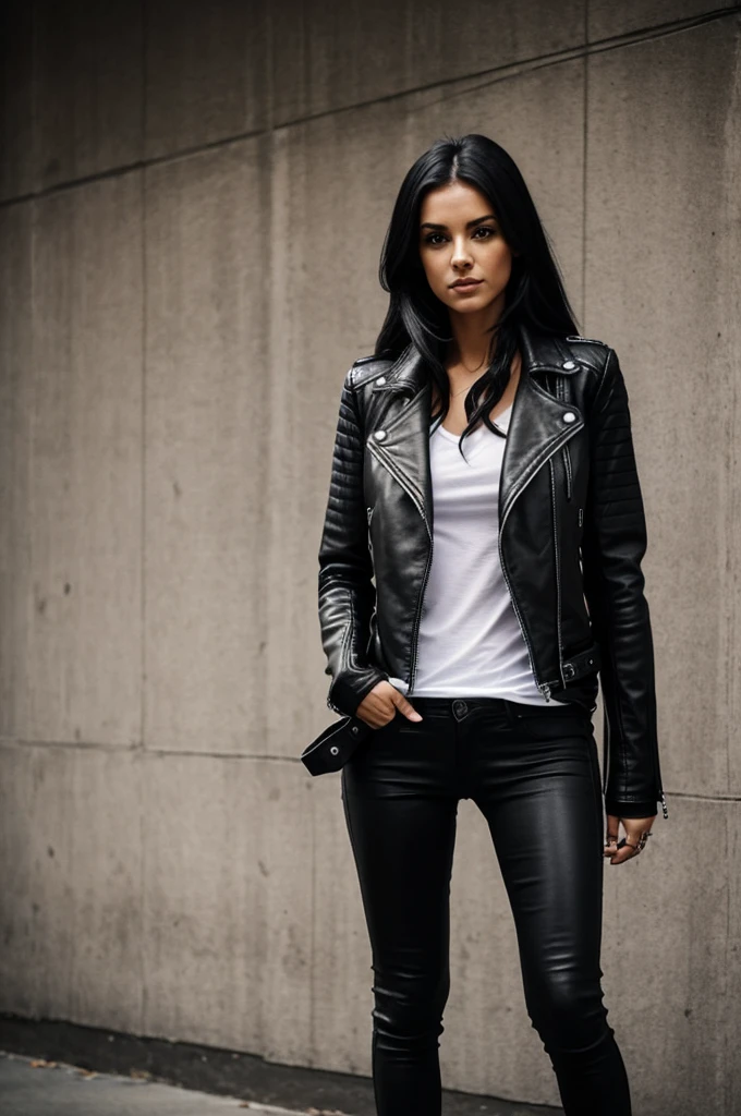 Show me someone skinny who wears a black leather biker jacket, black jeans, black polo shirt and black combat boots who is standing looking at me and you can see everything.