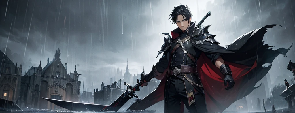 A man with a sword and coffin with rain and dark background