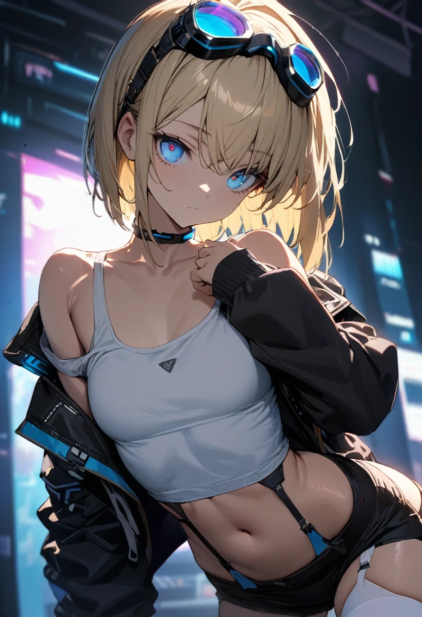 a handsome girl, solo, blond hair, asymmetrical bob, blue eyes,(bright eyes:1.2),
cyber punk black jacket, white tank top, goggles on head,
[navel], off shoulder, open jacket, black shorts, garter rings, white tights,
expressionless, blurry background, perfect lighting, perfect angle, masterpiece, best quality, extremely detailed face,