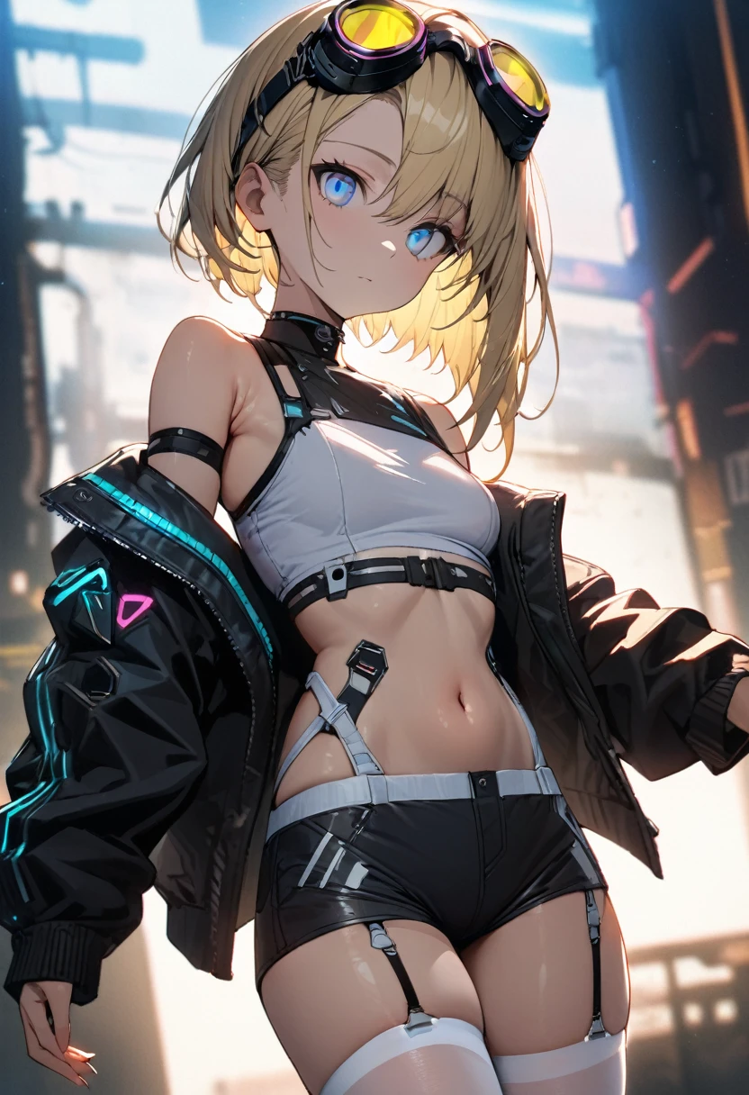 a handsome girl, solo, blond hair, asymmetrical bob, blue eyes,(bright eyes:1.2),
cyber punk black jacket, white tank top, goggles on head,
[navel], off shoulder, open jacket, black shorts, garter rings, white tights,
expressionless, blurry background, perfect lighting, perfect angle, masterpiece, best quality, extremely detailed face,