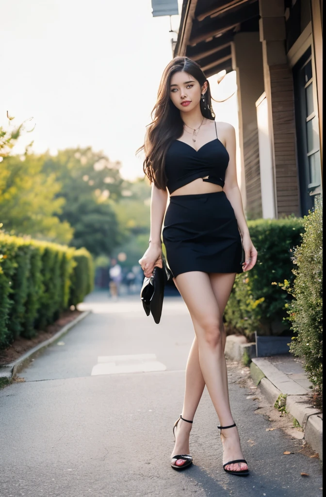 (masterpiece:1.3), (8 thousand, realistic, RAW photos, best quality: 1.4), (1 woman),(sheer silk blouse), (short skirt), (양쪽 다리에 짙은색 realistic 팬티 스타킹), (Wearing high heels on both feet), (full body shot), (outdoors in sunny weather), (walking like a model), (Beautiful makeover), (very beautiful body) , (Realistic and very beautiful face), (long eyelashes), (double eyelid), (Very beautiful eyes, realistic and delicate), (big bust) , (Strong body through exercise), (beautiful abs), (Beautiful heaps), (tall), (realistic face), (black hair. parted, long hair:1.3), (아름다운 parted스타일), (realistic and beautiful skin), (absurd), (attractive), (ultra high resolution), (extremely realistic), (very detailed), (golden ratio), (Two long, realistic and beautiful legs), (realistic 팔), (necklace), (earring),(beautiful nails manicure), (So beautiful and sexy), (perfect secretary look)
