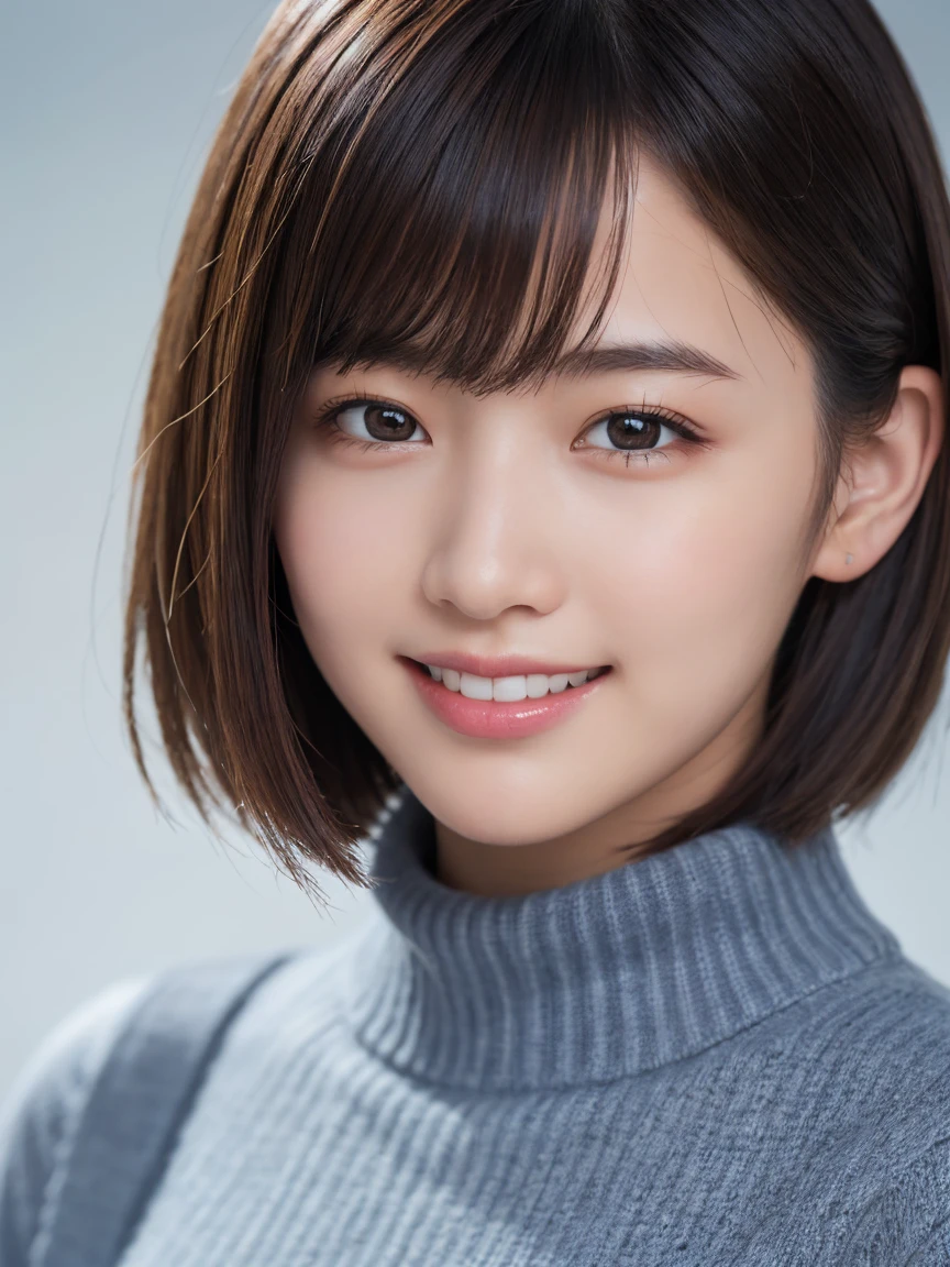 Highest quality, masterpiece, Ultra-high resolution, (Realistic:1.3), Portrait, (One Girl), Facing right, whole body, (20-year-old), (smile:0.9), (Shiny skin), (short hair, Dark brown hair), Wearing a knit, smile, (Ultra detailed face), one&#39;s home, indoor, (Highly detailed eyes), (Highly detailed nose), (Highly detailed mouth), (Very skilled hands), (Super-detailed body), Sony a7, 85mm lens, f9.0, Pan Focus, Cute gestures, joy, looks fun
