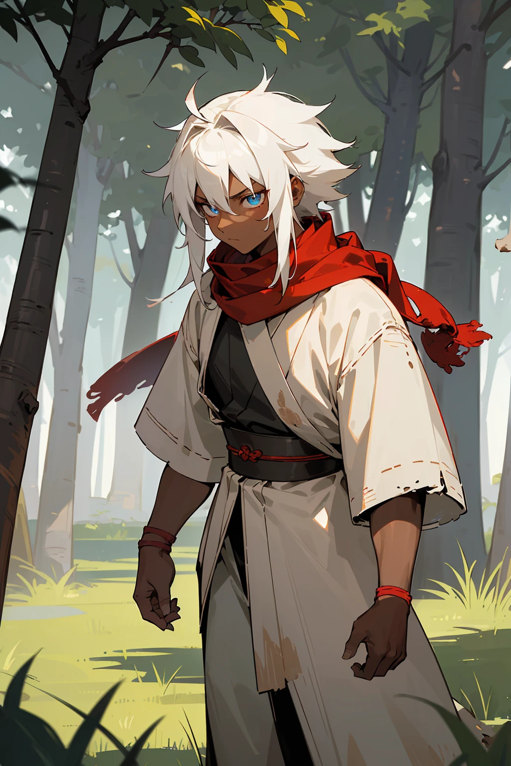 ((masterpiece,best quality,1male,male focus,masculine,solo,closed mouth,teenager,muscle,muscular)),((((white hair,short messy hair)))),((pale blue eyes,perfect eyes,glowing eyes,perfect face,calm demeanor)),((((black skin tone,dark skin color,standing still,caramel skin color,white haori,tattered red scarf,demon slayer outfit)))),((forest background,trees,walking on path,grass))
