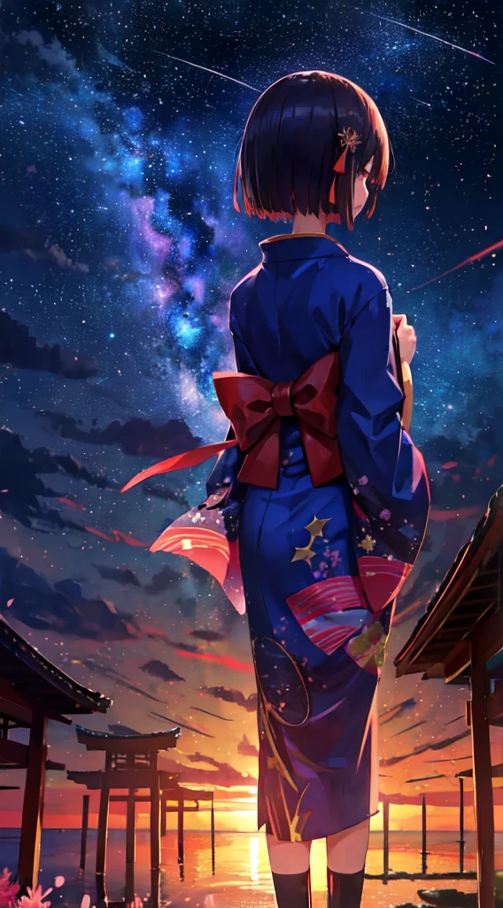 One girl, distant girl wearing a kimono staring at the performer, (Zoom out:1.1), (Meteors:1.2), (comet:1.1), yourname, Low - Angle, From behind, Aloura Borealis, shooting star, yukata, Red kimono, cherry blossoms, Standing in the field,Highest quality, masterpiece, cloud,colorful, Starry sky,performer,