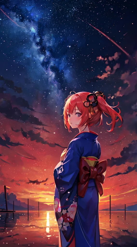 One girl, distant girl wearing a kimono staring at the performer, (Zoom out:1.1), (Meteors:1.2), (comet:1.1), yourname, Low - Angle, From behind, Aloura Borealis, shooting star, yukata, Red kimono, cherry blossoms, Standing in the field,Highest quality, masterpiece,  cloud,colorful, Starry sky,performer,