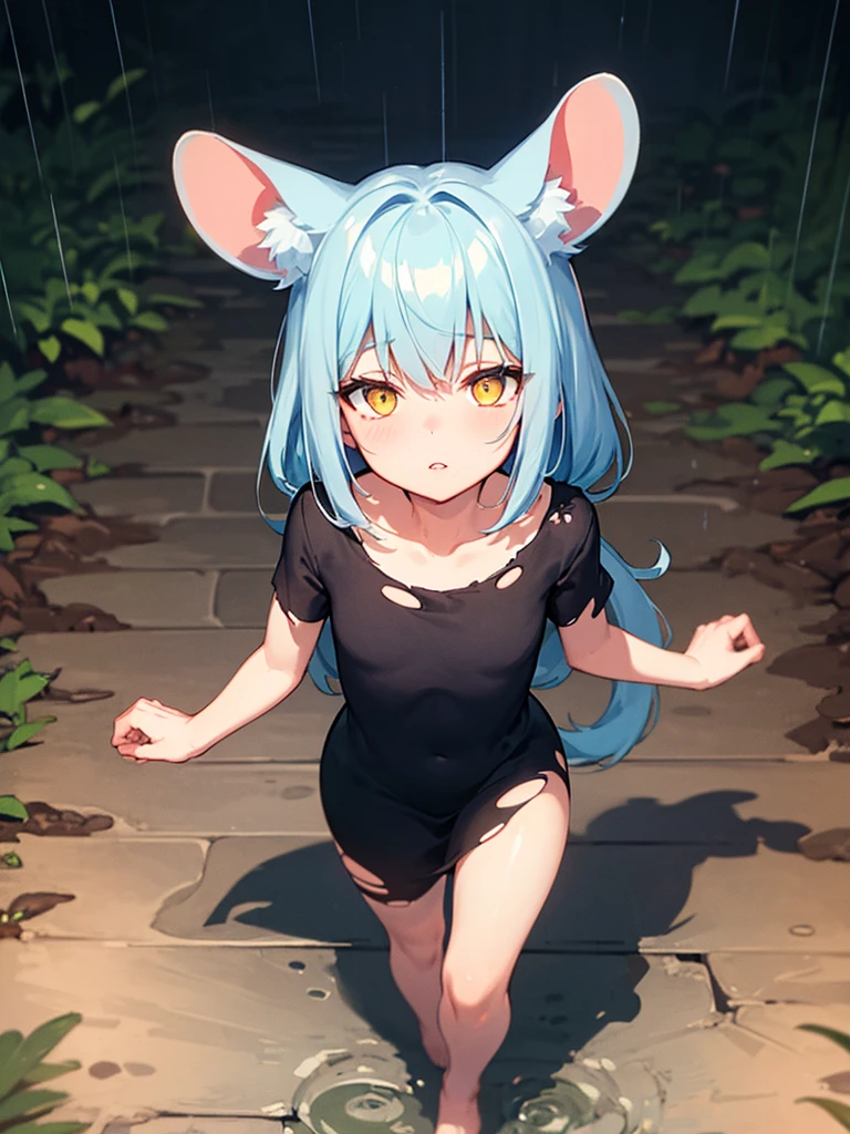 (best quality:1.5), dimmed color, (darkness:1.5), (night:1.3), (silhouette:0.8), 1girl, solo, smaller female, yellow eyes, glowing eyes, Indigo blue hair, messy hair, wavy hair, hair over eyes, half closed eyes, parted lips, brown clothhes, (torn clothhes:1.2), rat ears, rat tail, collarbone, barefoot, (walking:1.1), looking up, (shoot from above:1.2), listless, downer, (dark forest:1.2), (rain1.2), puddle
