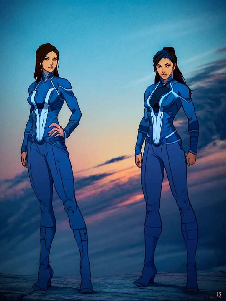 Korra from the legend of korra, beautiful woman with bold features, wearing high neck top, baggy pants, high boots, big blue eyes, gorgeous look, black overhead pony tail hair, realistic, photorealistic, photo-realistic:1.37, best quality,4k,8k,highres,masterpiece:1.2,ultra-detailed,vivid colors,physically-based rendering,extreme detail description,professional