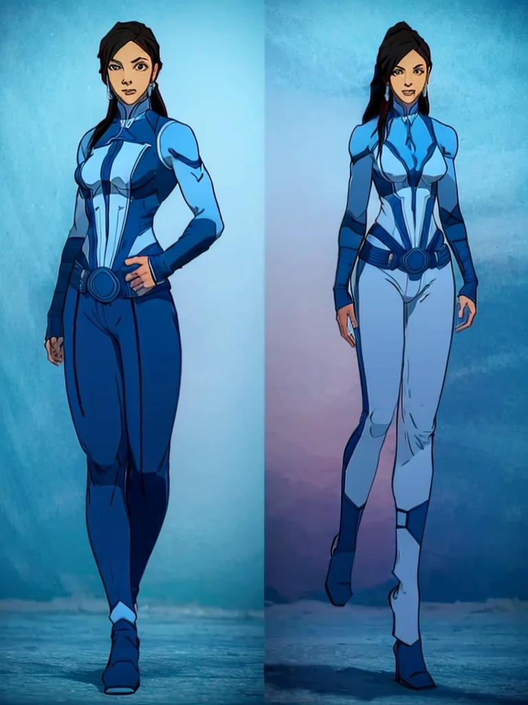 Korra from the legend of korra, beautiful woman with bold features, wearing high neck top, baggy pants, high boots, big blue eyes, gorgeous look, black overhead pony tail hair, realistic, photorealistic, photo-realistic:1.37, best quality,4k,8k,highres,masterpiece:1.2,ultra-detailed,vivid colors,physically-based rendering,extreme detail description,professional