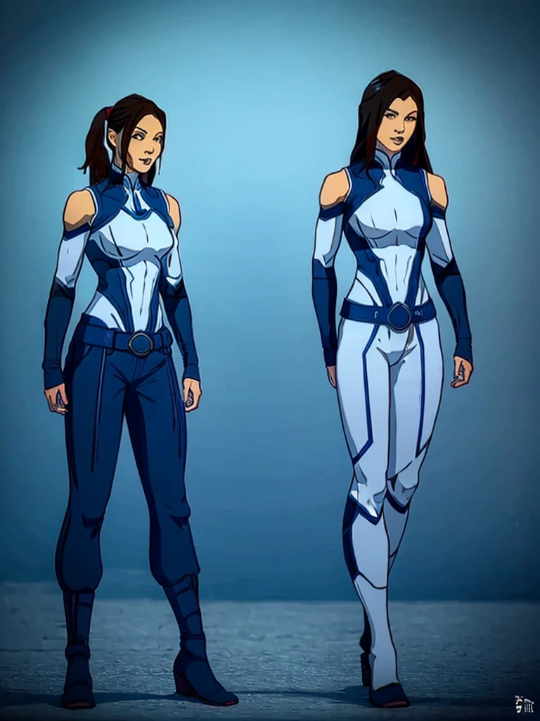 Korra from the legend of korra, beautiful woman with bold features, wearing high neck top, baggy pants, high boots, big blue eyes, gorgeous look, black overhead pony tail hair, realistic, photorealistic, photo-realistic:1.37, best quality,4k,8k,highres,masterpiece:1.2,ultra-detailed,vivid colors,physically-based rendering,extreme detail description,professional