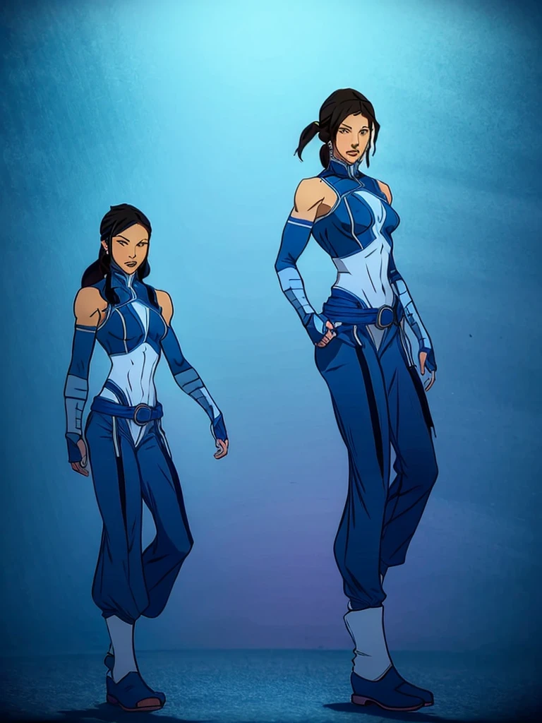 Korra from the legend of korra, beautiful woman with bold features, wearing high neck top, baggy pants, high boots, big blue eyes, gorgeous look, black overhead pony tail hair, realistic, photorealistic, photo-realistic:1.37, best quality,4k,8k,highres,masterpiece:1.2,ultra-detailed,vivid colors,physically-based rendering,extreme detail description,professional