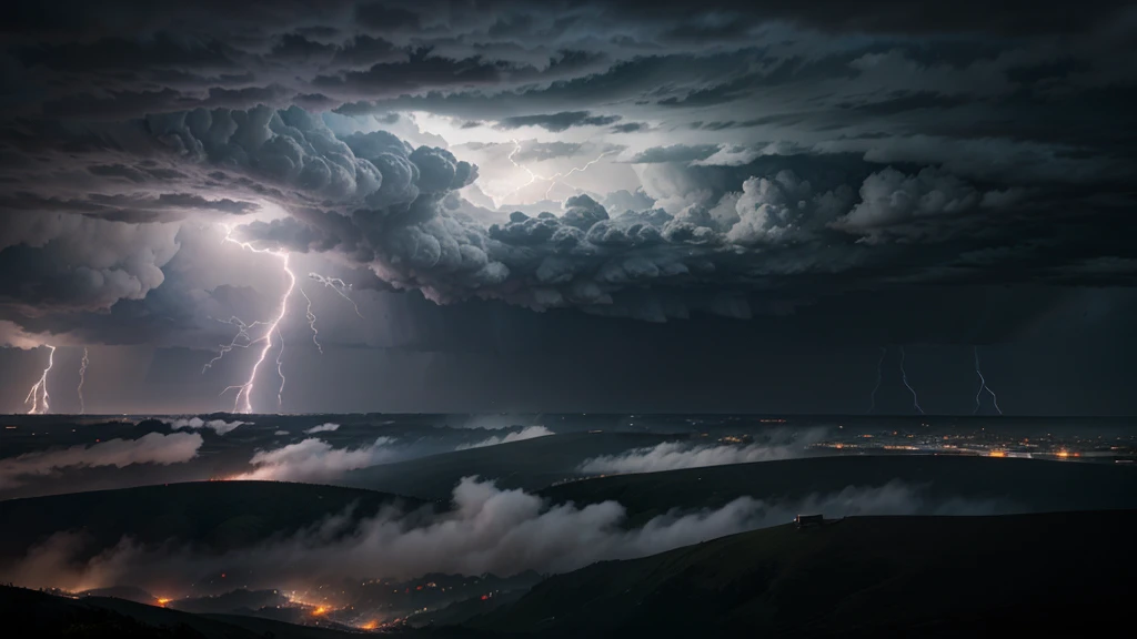 realist, personality: [Illustrate a panoramic view of a stormy sky with dark clouds swirling and lightning cracking across the horizon. Thor versus Superman] unreal engine, hyper real