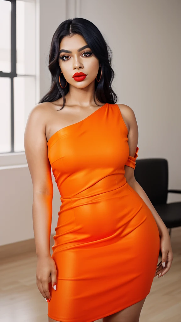 A beautiful curvy girl in a fashionable orange asymmetrical dress with a one-shoulder design stands confidently before the camera. Her straight hair is sleek and shiny, and her makeup includes bold eyeliner and a vibrant lip color. The 8K image highlights her attractive, detailed appearance.