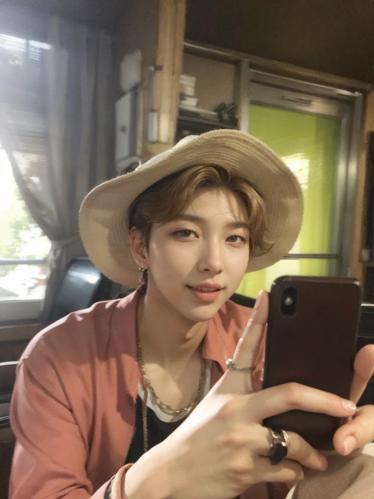 Kim Namjoon - brown hair, fleshy lips, a brief smile