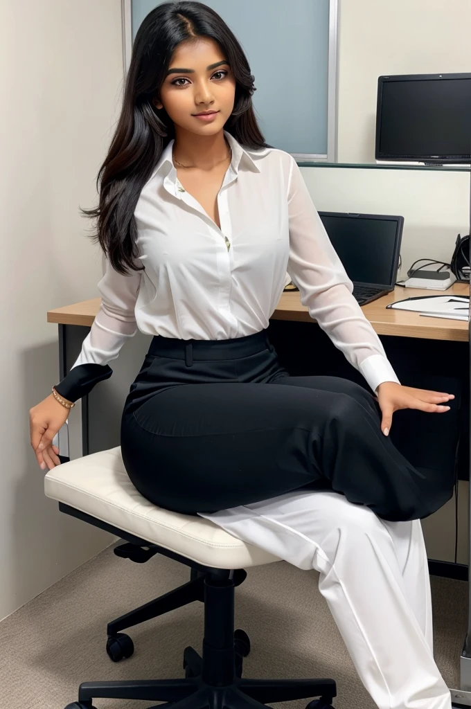 Beautiful Indian girl with formal dress sitting in office. With white shirt and black pant in official position.