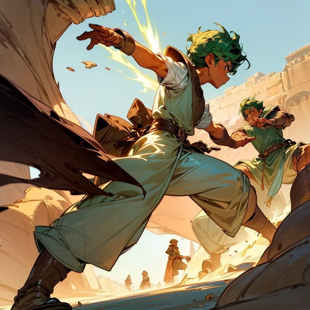 1boy, Full body version, 1character, (sand wanderer), brown eyes color, dark skin, Curly cut hairstyle, small eyes type, green colour hair, doctor ancient roman clothing style, white color clothing, dark green robe, Ancient roman boots, armor vest, sands in two hand, Grassroots background in desert, (battle, battle gesture, battle poses, view character on small, He a sand wanderer, he controls sand with his hands, he fights enemies with sand, enemies, bandits, Fighting, intense battles, fighting in desert, Dynamic Pose, Motion Blur, emphasis lines, sparks, plasma, aura)