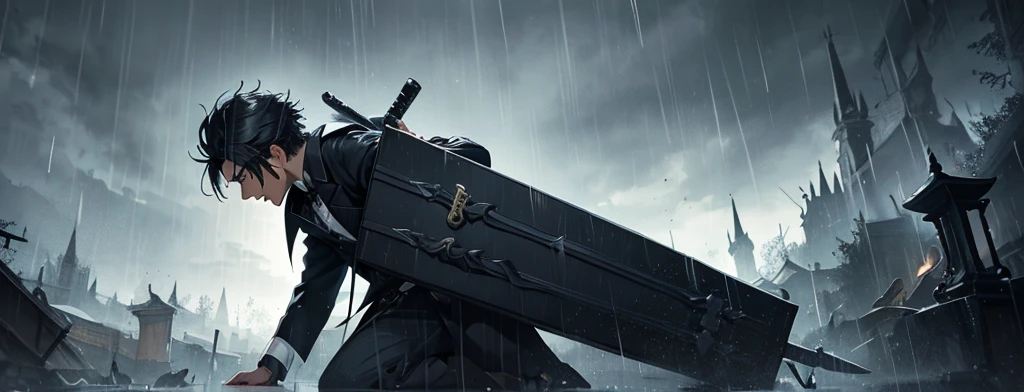 A man with a sword and coffin with rain and dark background