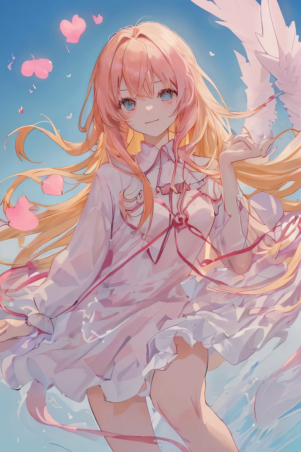 1_girl, (anime, kawai:2), (masterpeice, best_quality, simple, cute, dreamy, vibrant, clean:1.5), (cute, cute_smile, young:1.8), (delicate, beautiful, thin:1.5), (girlfriend, angel:1.6), (green_eyes, simple_eyes:1.5) (long_hair, blond_hair, wearing_pink_dress, pink_angel_wings, sexy_gloves:1.8), extremely_delicate, (love_magic:1.5), (age_size_fits_body), (small_thighs:1.3), (breasts), (eye_level:1.3), (heart_magic, love:1.5),