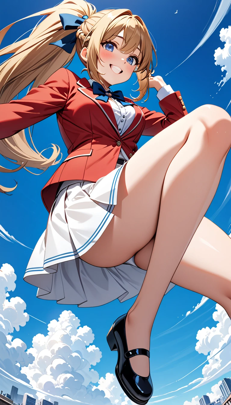 masterpiece, best quality, highres, ponytail hair, (single braid:1.2), hair ribbon, red blazer,buttoned blazer, blue bowtie, white skirt,smile,jumping ,from below,background the sky,
