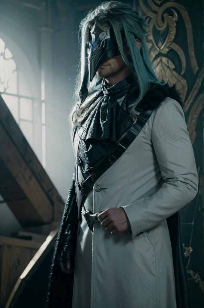 In realistic painting portrait of high quality and detail, Dottore (Genshin Impact), 2000's movie style, 1man, full body, 30-year-old man, sharp features, detailed face, evil smiling expression, He has long blue hair and wears a black pointed mask covering his eyes. He is wearing a white coat with silver inserts over a blue shirt and loose black trousers. There are a lot of black belts and blue details on the clothes. Dottore wears black fur, which is attached to the right shoulder pad, resembling a plague doctor mask, dark and moody lighting, portrait, contrasting colors, subtle shadows, mysterious atmosphere, outdoors, desert on the background, He's stands on dunes, (ultra-high detail:1.2), Masterpiece, Best Quality, Ultra-detailed, Cinematic lighting, 8K, delicate features, cinematic, 35 mm lens, f/1.9, highlight lighting, global lighting –uplight –v 4, Cinematic lighting, 8K, high quality, Highest Quality, (Solo Focus), (extremly intricate:1.3), (Realistic), masterful, Analog style, (Film grain:1.5), (warm hue, cold tone), Mystical powers, fantasy, Depth & Perspective, movie style, dark and mysterious atmosphere,