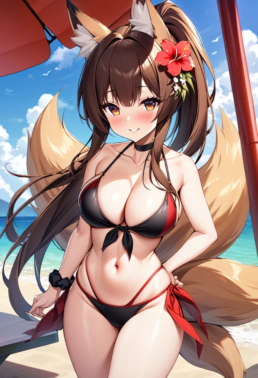 Aranee style, 1girl, akagi_(azur_lane), breasts, animal_ears, swimsuit, long_hair, bikini, tail, solo, brown_hair, black_scrunchie, scrunchie, multiple_tails, sky, wrist_scrunchie, outdoors, fox_tail, fox_ears, cloud, cleavage, day, large_breasts, blue_sky, hair_ornament, smile, red_bikini, looking_at_viewer, bangs, navel, collarbone, palm_tree, sarong, tree, very_long_hair, thighs, bare_shoulders, highleg_bikini, blush, parted_lips, highleg, flower, sidelocks, cloudy_sky, standing, animal_ear_fluff, ponytail, hair_flower, red_eyes, brown_eyes, kitsune, fox_girl, stomach, black_bikini, hand_on_hip, groin, front-tie_bikini_top, front-tie_top