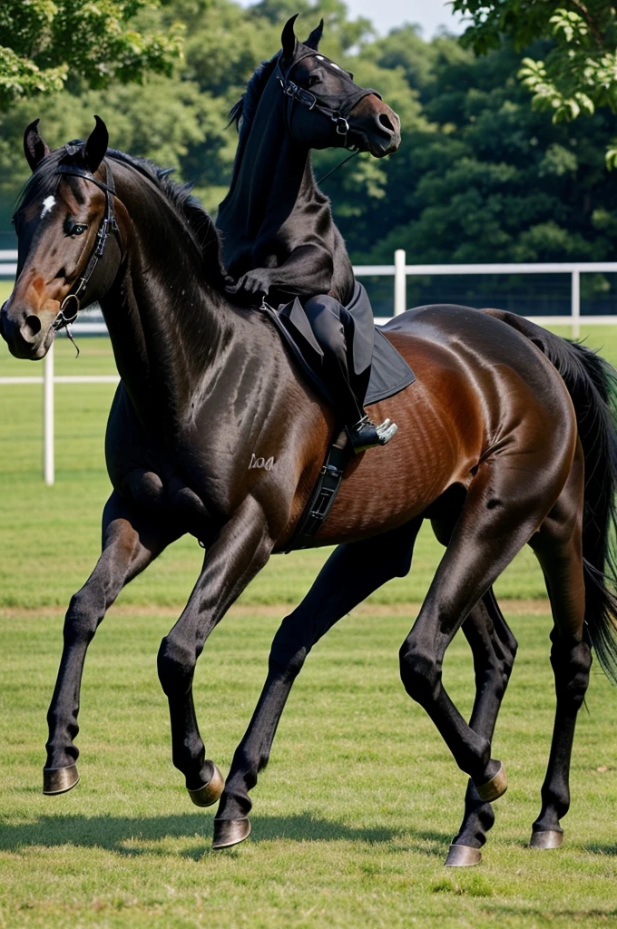 A black horse to see front side upon their back leg and front legs are in air in open field