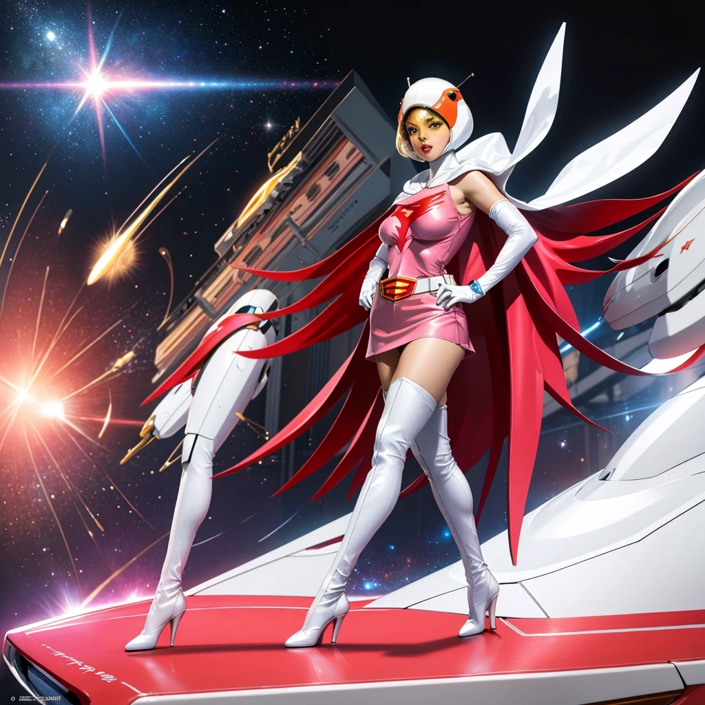 ANI_CLASSIC_jun_gatchaman_ownwaifu,1girl, yo,good anatomy, masterpiece, best quality, realistic, hyper realistic, 16k hdr, breasts, large breasts, lipstick, makeup, gloves, cape, helmet, belt, elbow gloves, white gloves, mask, ultra miniskirt, leotard, spacesuit, white tight overknee highheel boots, pink dress, superhero, bodysuit, cleavage, erected nipples,(sexy pose, from below:1.2),(spread legs:1.1),cameltoe