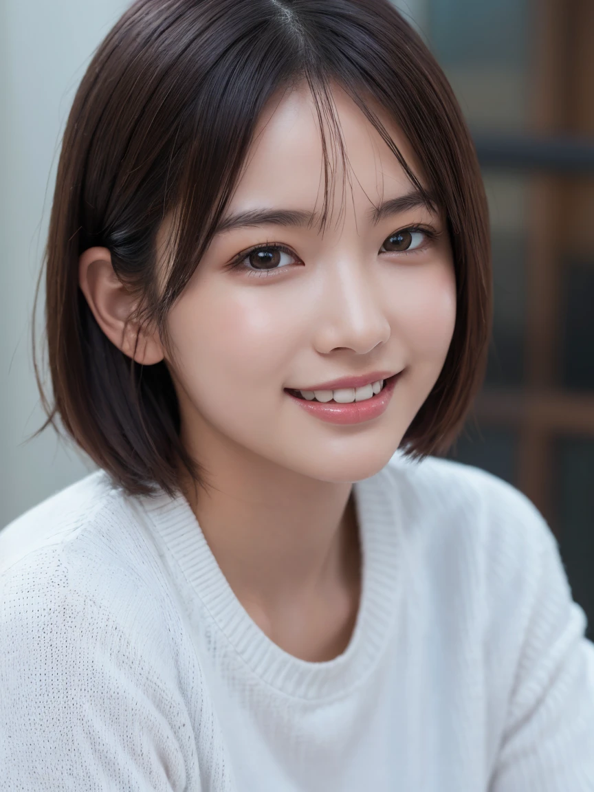 1人、Blushing cheeks、shyly smile、optic、large full breasts、Loose T-shirt on the chest、florals、hair pin、a necklace、piercings、Crawling on all fours on the bed、from below looking up、depth of fields、pointed red mouth、Glossy reddish-brown shorthair、Black eyes、鎖骨、Beautiful fingers、Hourglass body、portrait of a full body、