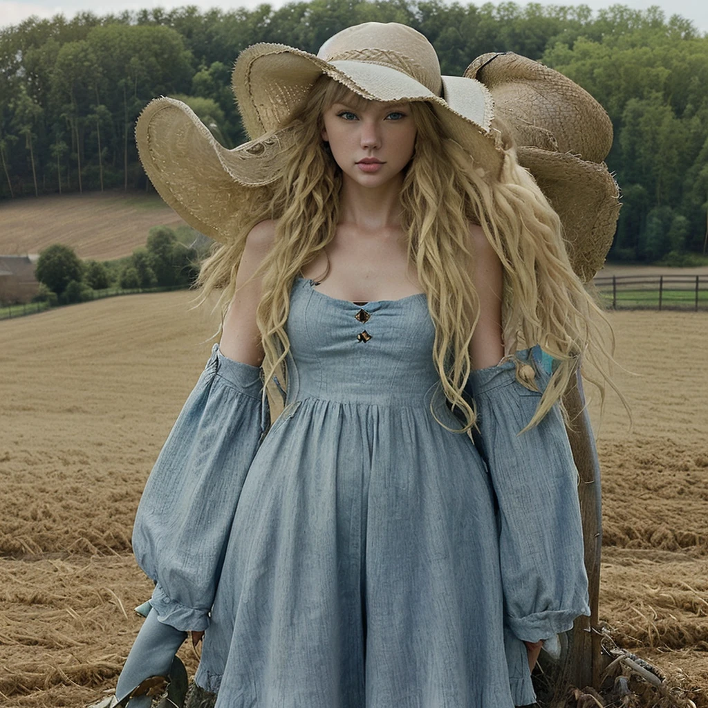 Take the cover of Taylor Swift's album, "Taylor Swift (Taylor's Version)," with long curly blonde hair, blue eyes, on a farm, with a country style hat on her head.