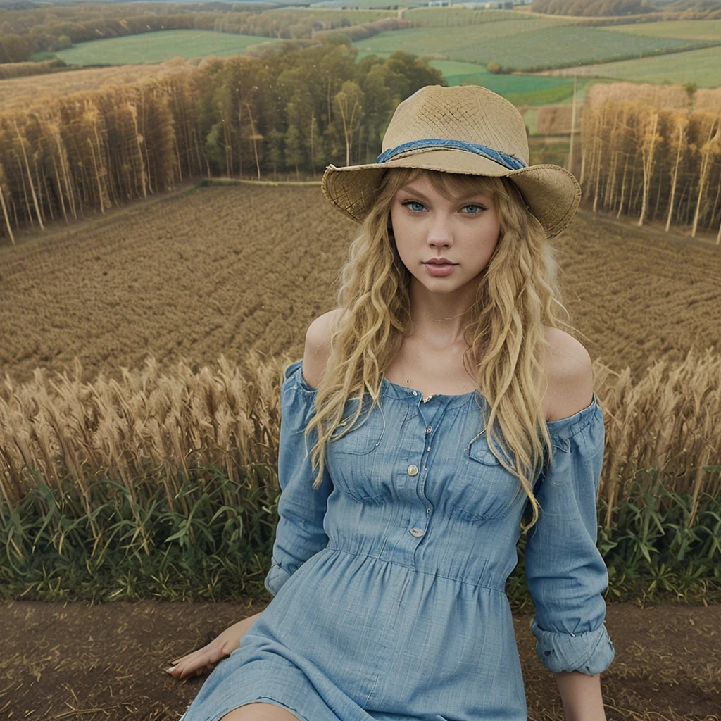 Take the cover of Taylor Swift's album, "Taylor Swift (Taylor's Version)," with long curly blonde hair, blue eyes, on a farm, with a country style hat on her head.