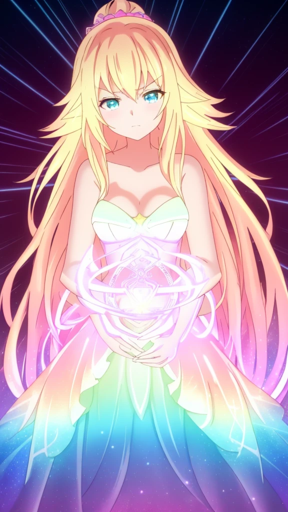 beautiful girl, puffy tiered ballgown, vibrant pastel colors,(20years old,madure female),white dress,cleavage,sleeveless,((glowing blonde long hair)), magical lights, sparkling magical liquid, inspired by Glen Keane, inspired by Lois van Baarle, disney art style, by Lois van Baarle, glowing aura around her, by Glen Keane, jen bartel, glowing lights! digital painting, flowing glowing hair, glowing flowing hair, beautiful digital illustration, fantasia background, whimsical, magical, fantasy, ((masterpiece, best quality)), intricate details, highly detailed, sharp focus, 8k resolution, sparkling detailed eyes, liquid watercolor,(extra arms),squinted eyes,evil smile,from below