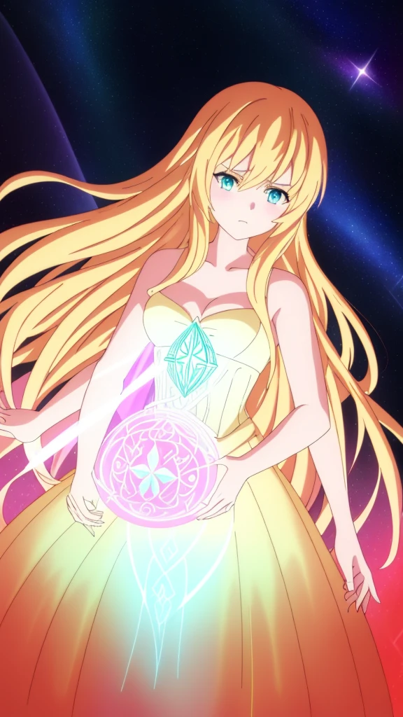 beautiful girl, puffy tiered ballgown, vibrant pastel colors,(20years old,madure female),angry,closed mouth,white dress,cleavage,sleeveless,((glowing blonde long hair)), magical lights, sparkling magical liquid, inspired by Glen Keane, inspired by Lois van Baarle, disney art style, by Lois van Baarle, glowing aura around her, by Glen Keane, jen bartel, glowing lights! digital painting, flowing glowing hair, glowing flowing hair, beautiful digital illustration, fantasia background, whimsical, magical, fantasy, ((beautiful face)), ((masterpiece, best quality)), intricate details, highly detailed, sharp focus, 8k resolution, sparkling detailed eyes, liquid watercolor,